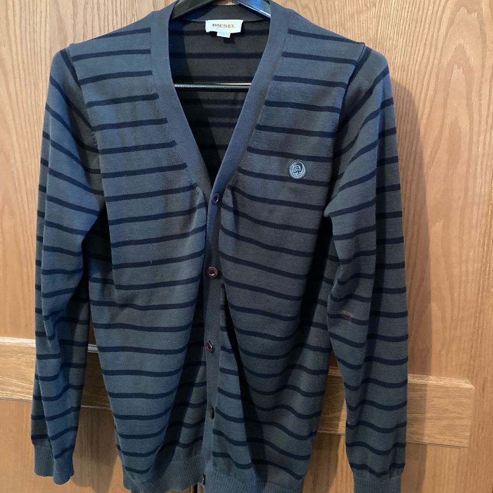 Diesel Cotton Cardigan. Black and dark Khaki stripe Size Small